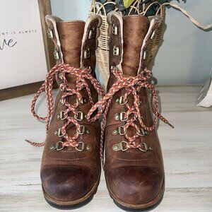 Sorel Conquest Brown elk camel Leather Wedge Ankle Boot NL2337-286 EUC Sz 9